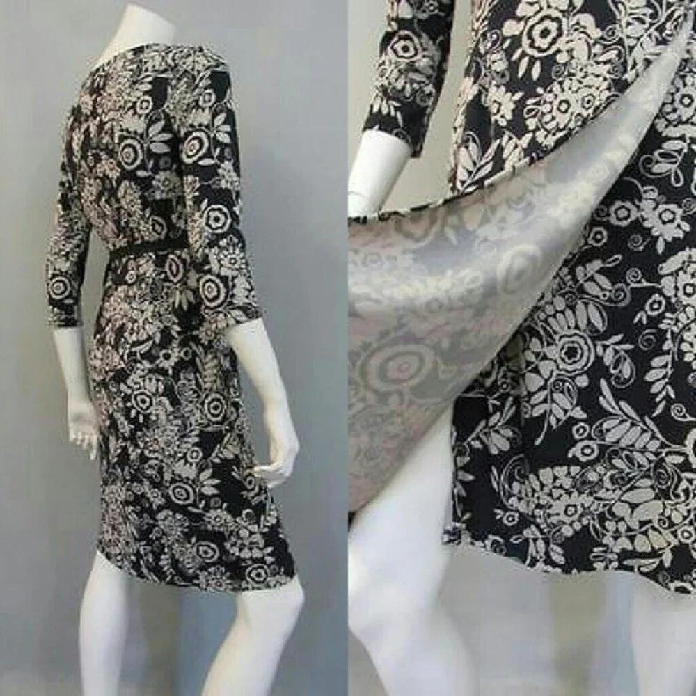 ANN TAYLOR WRAP DRESS Black Tan Print 3/4 LONG SLEEVE Size 4 Small WOMENS NWOT